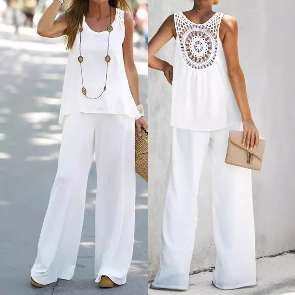 Lifestyle shot of the white lace top and wide-leg pants set, showcasing the chic design and stylish look.