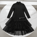 A-Line Mesh Stitching Dress – Long Sleeve, Black & White - @BlackWhite