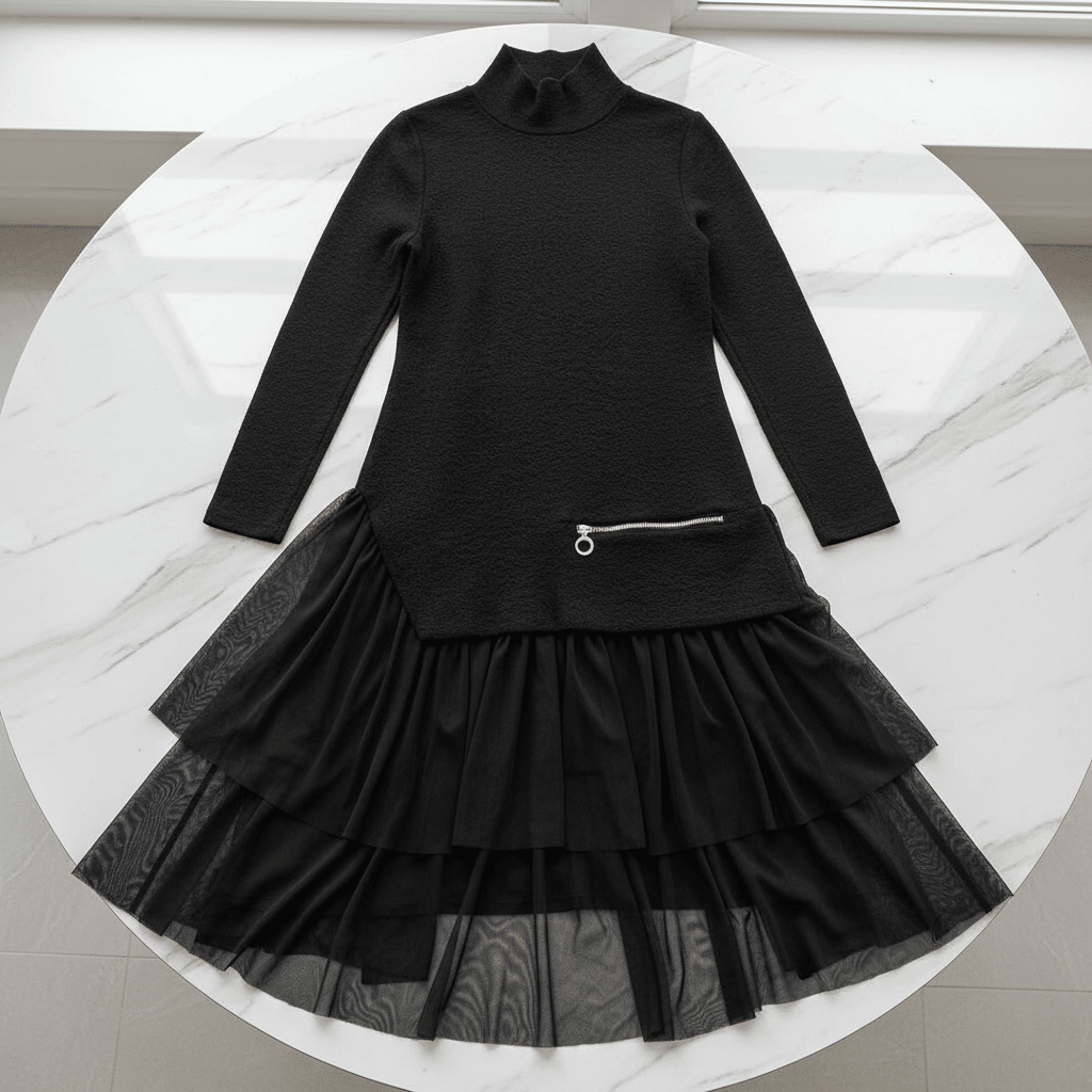 A-Line Mesh Stitching Dress – Long Sleeve, Black & White - @BlackWhite