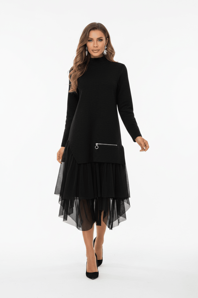A-Line Mesh Stitching Dress – Long Sleeve, Black & White - @BlackWhite