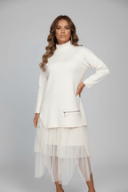 A-Line Mesh Stitching Dress – Long Sleeve, Black & White - @BlackWhite