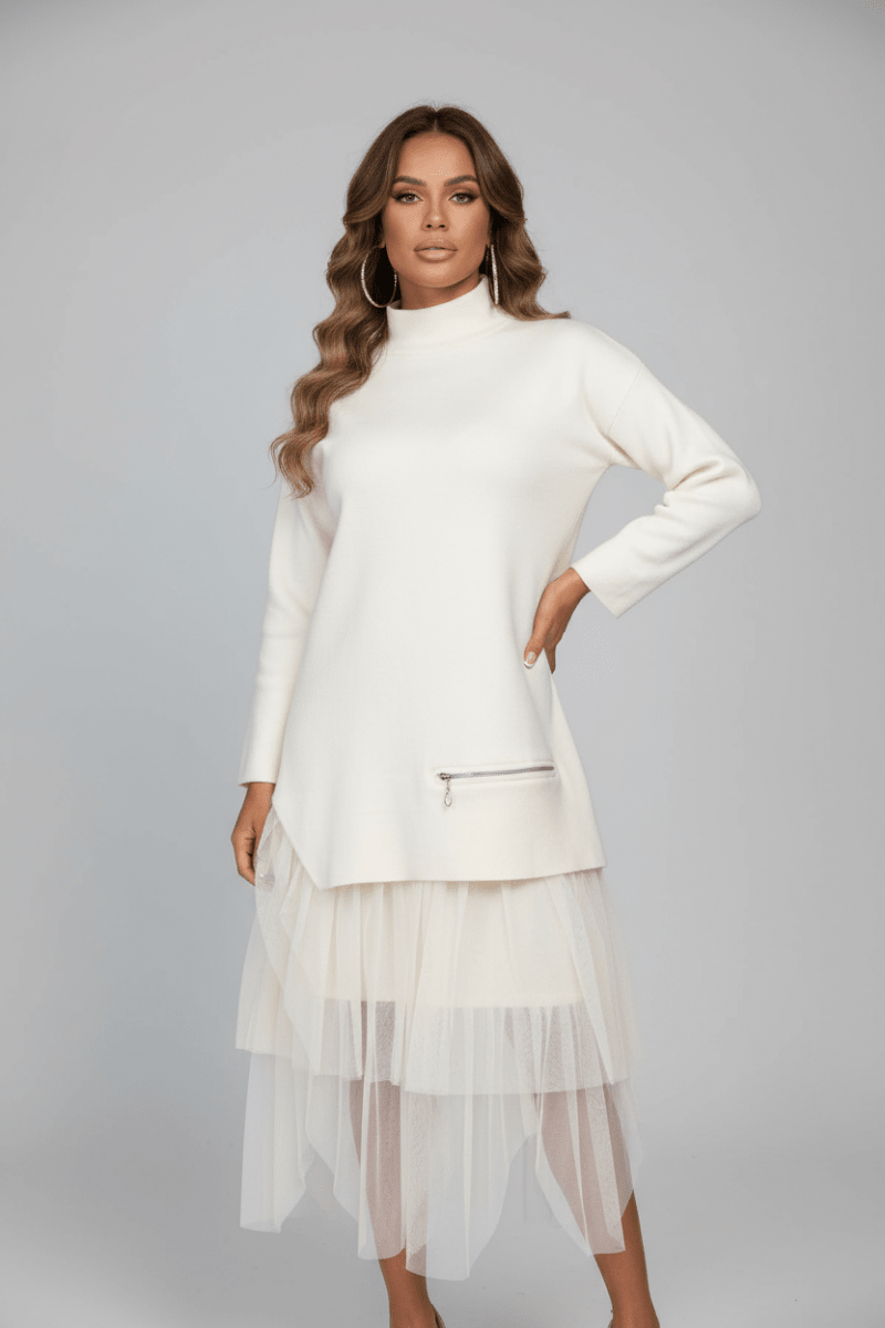 A-Line Mesh Stitching Dress – Long Sleeve, Black & White - @BlackWhite