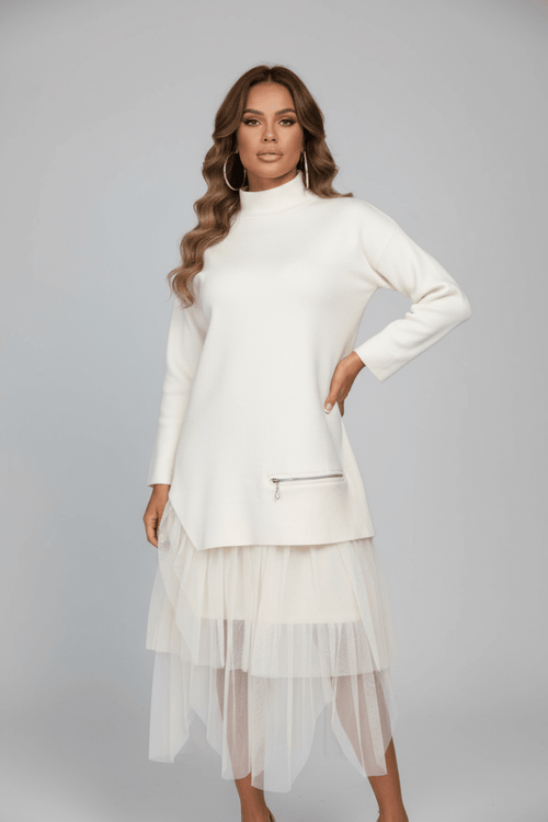 A-Line Mesh Stitching Dress – Long Sleeve, Black & White - @BlackWhite