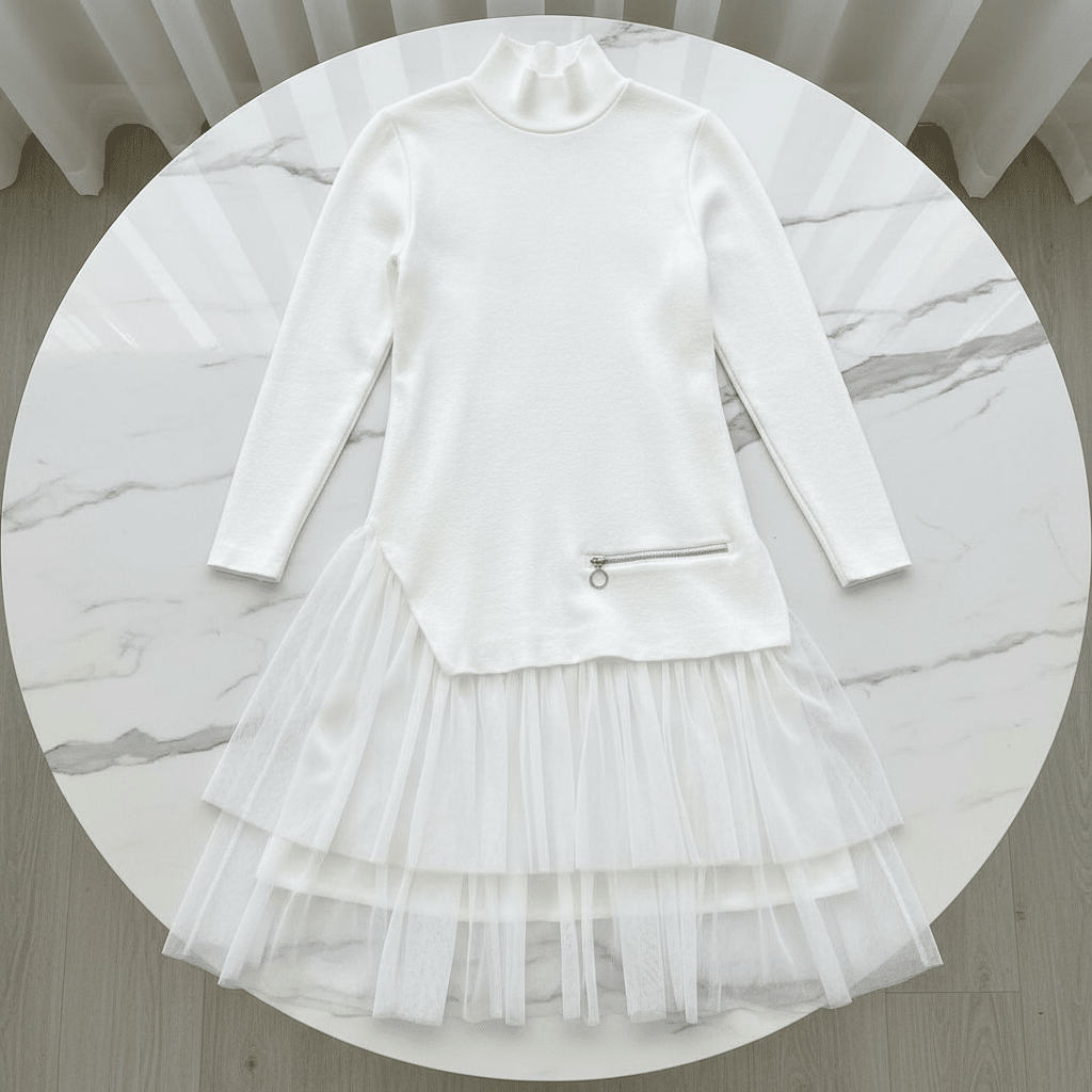 A-Line Mesh Stitching Dress – Long Sleeve, Black & White - @BlackWhite