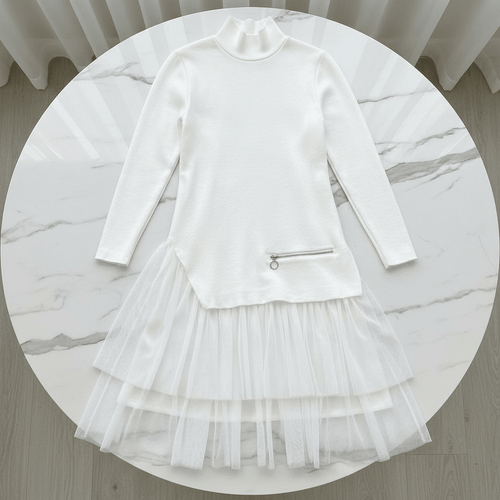 A-Line Mesh Stitching Dress – Long Sleeve, Black & White - @BlackWhite