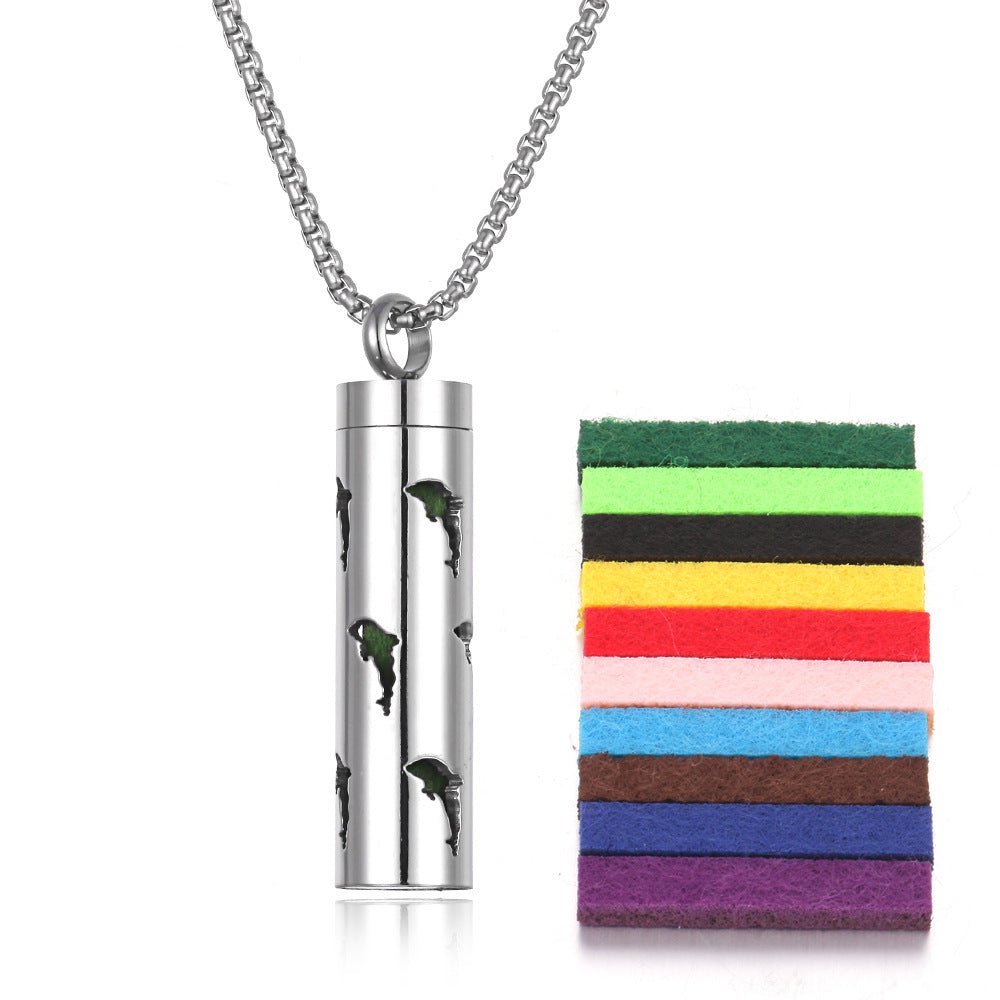 Stainless steel aromatherapy pendant in silver and black with a chain necklace.