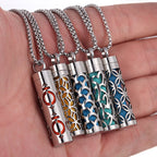 Stainless steel aromatherapy pendant in silver and blue with a chain necklace.
