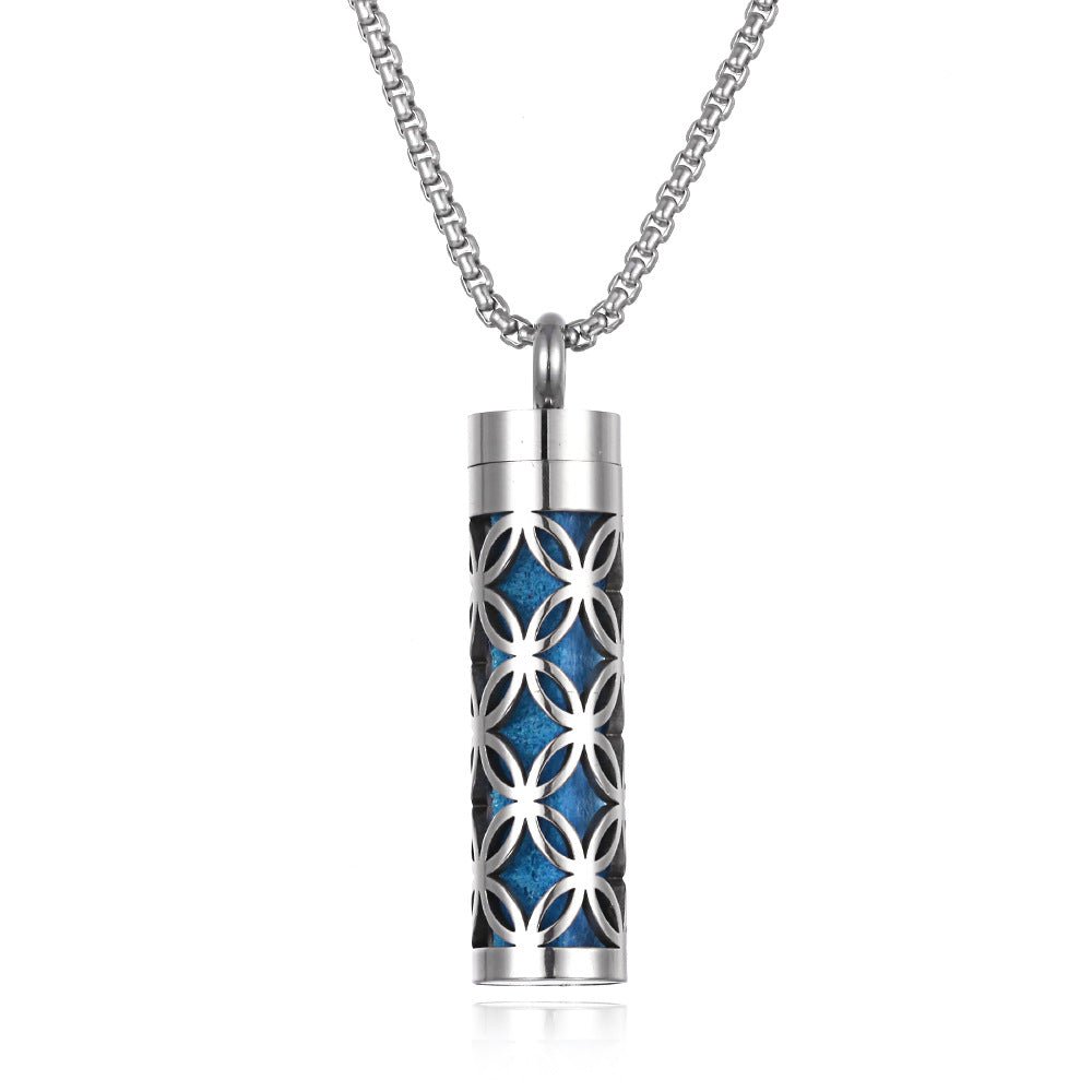 Stainless steel aromatherapy pendant in silver and blue with a chain necklace.