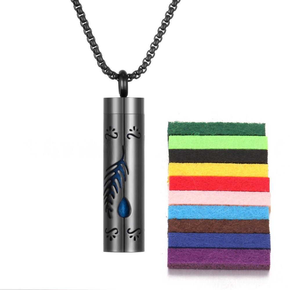 Detail close-up of the stainless steel pendant showcasing colorful bands with a silver chain.