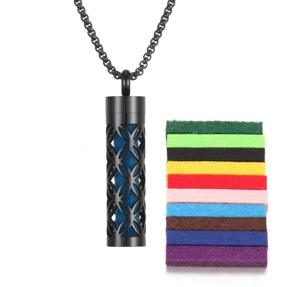 Detail close-up of the stainless steel pendant featuring colorful bands in blue and silver.