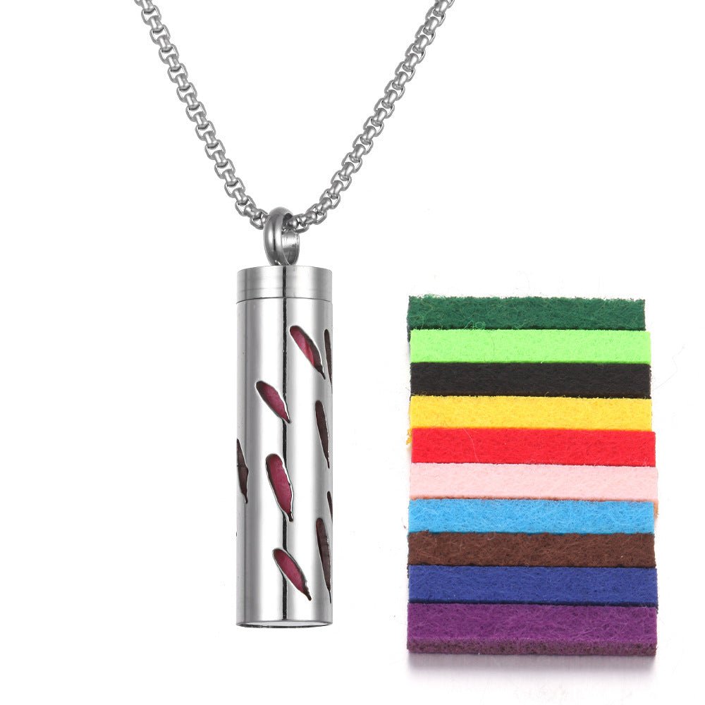 Detail close-up of the stainless steel pendant in silver.