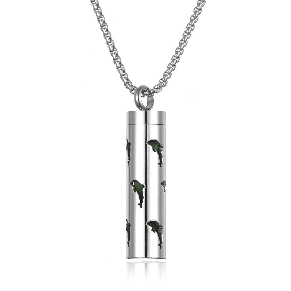 Detail close-up of the stainless steel pendant in silver.