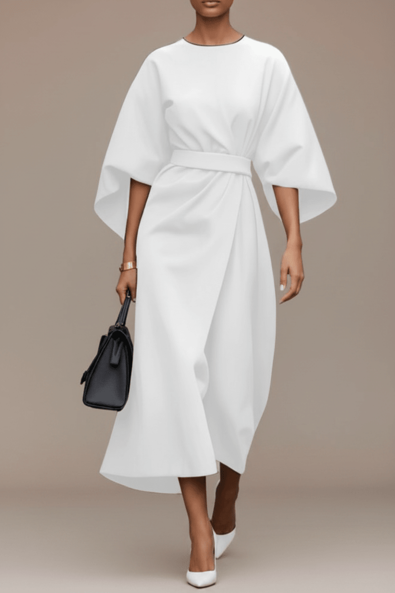 Batwing Sleeve Belted Dress – Loose Fit Solid Colour - @BlackWhite