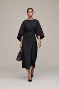 Batwing Sleeve Belted Dress – Loose Fit Solid Colour - @BlackWhite