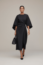 Batwing Sleeve Belted Dress – Loose Fit Solid Colour - @BlackWhite