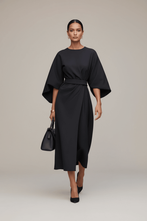 Batwing Sleeve Belted Dress – Loose Fit Solid Colour - @BlackWhite