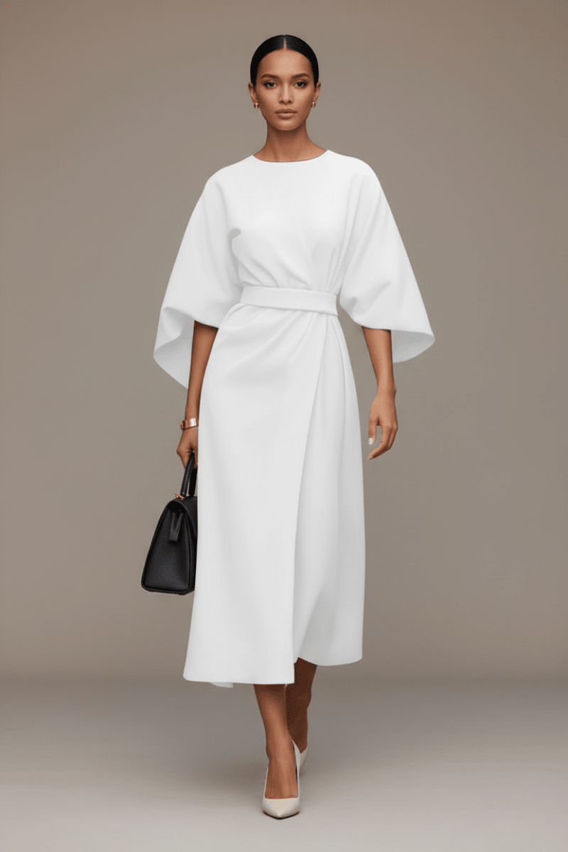 Batwing Sleeve Belted Dress – Loose Fit Solid Colour - @BlackWhite