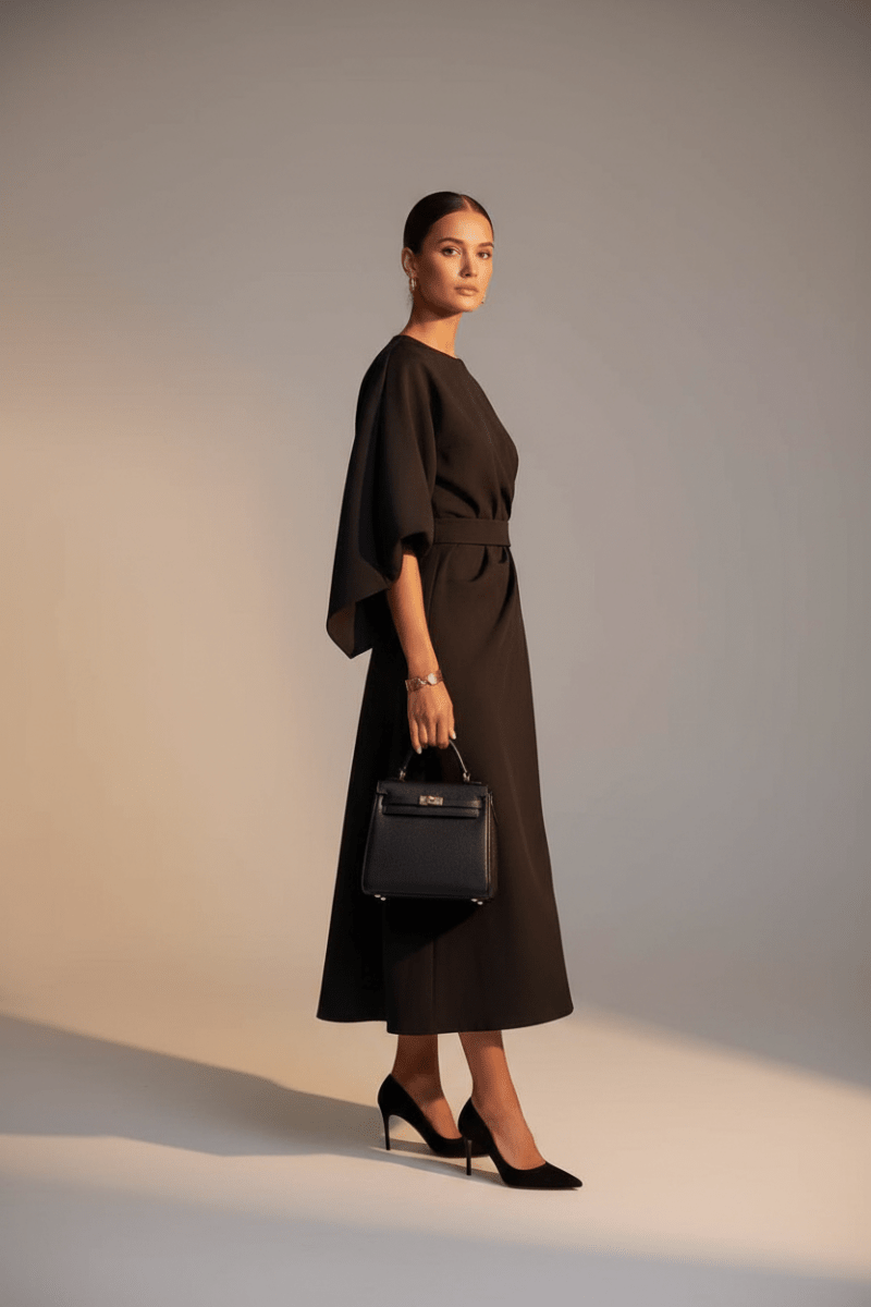 Batwing Sleeve Belted Dress – Loose Fit Solid Colour - @BlackWhite