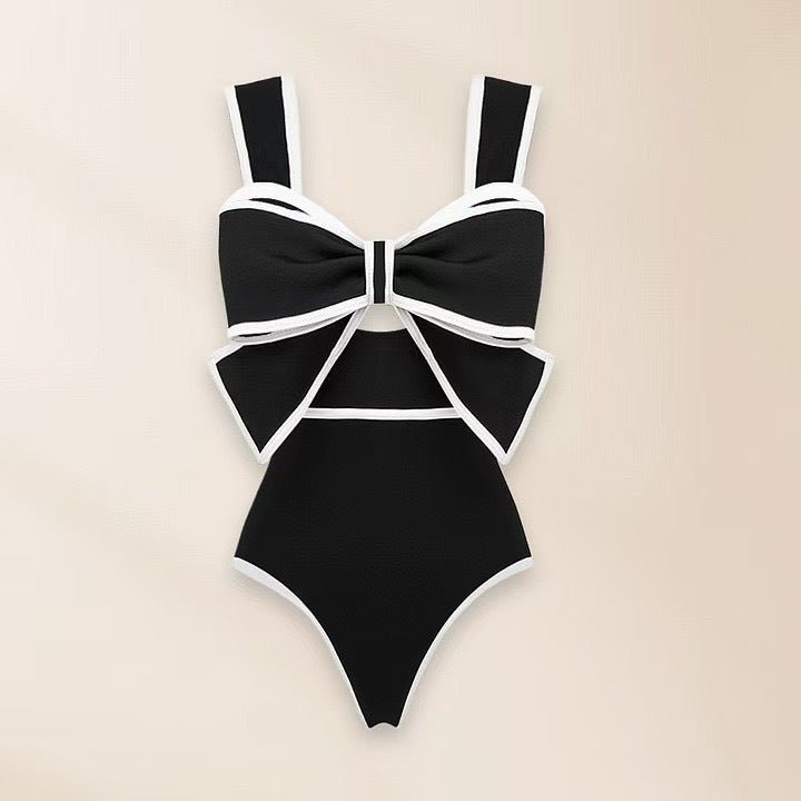 Front view of black polka dot skirt from the One-Piece Dots Bikini Suit.