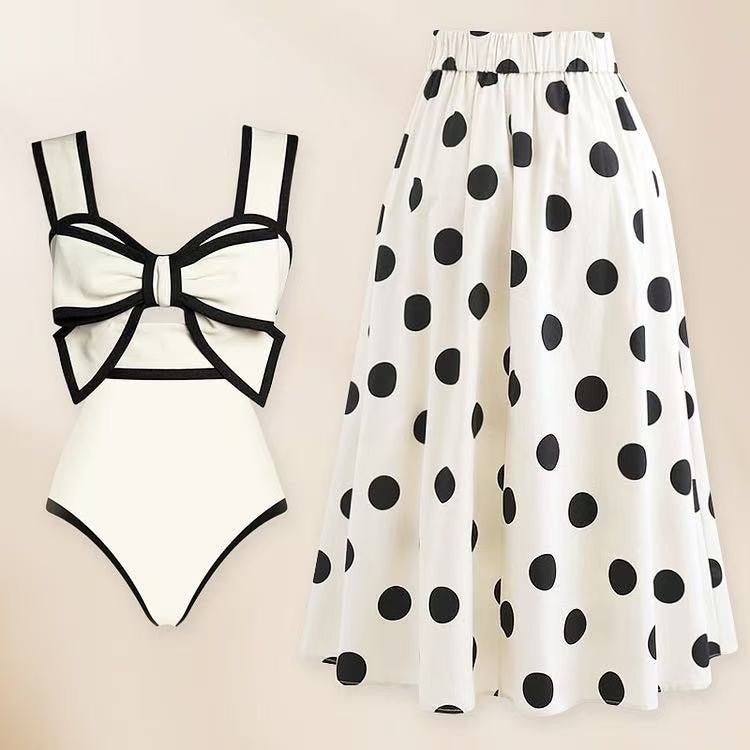 One-Piece Dots Bikini Suit in black with strappy design, front view.