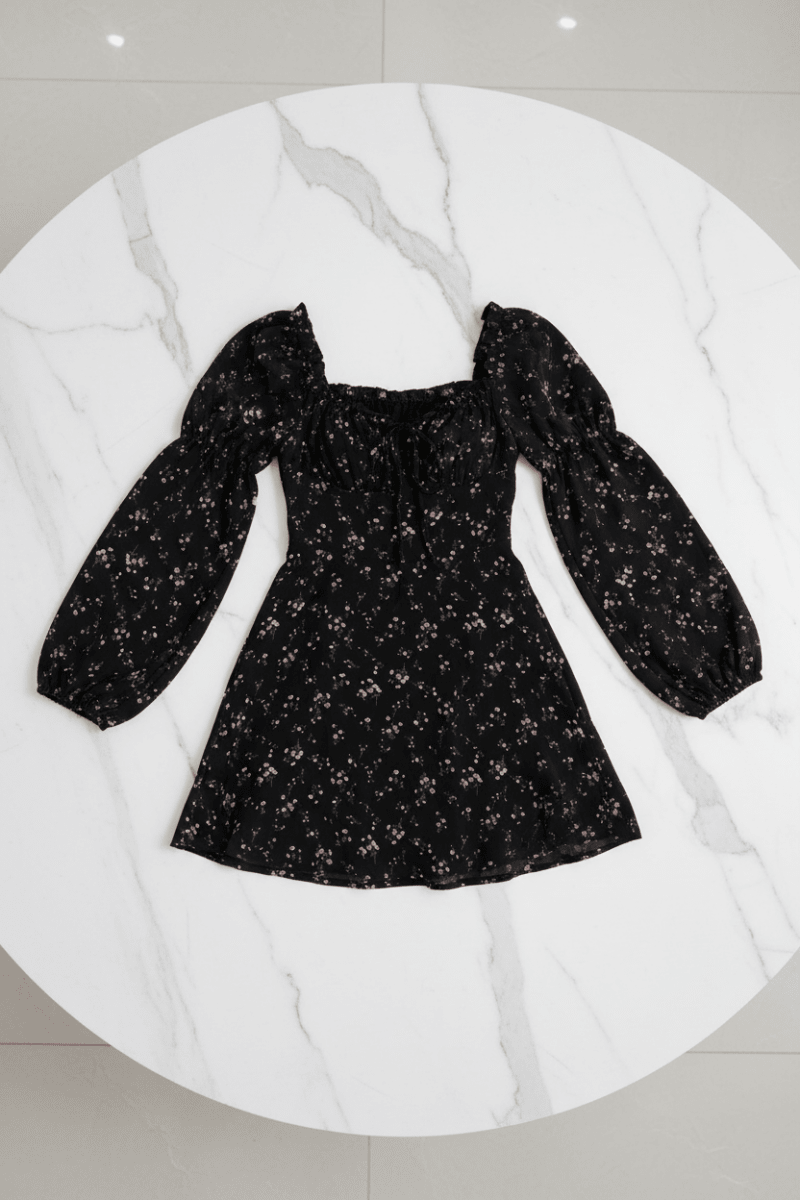 Black Floral Puff Sleeve Dress – High Waist Midi Style - @BlackWhite