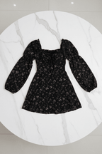 Black Floral Puff Sleeve Dress – High Waist Midi Style - @BlackWhite