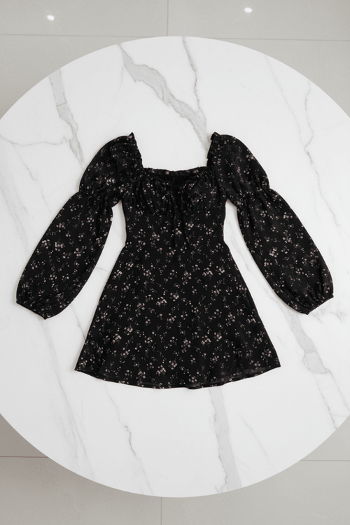 Black Floral Puff Sleeve Dress – High Waist Midi Style - @BlackWhite