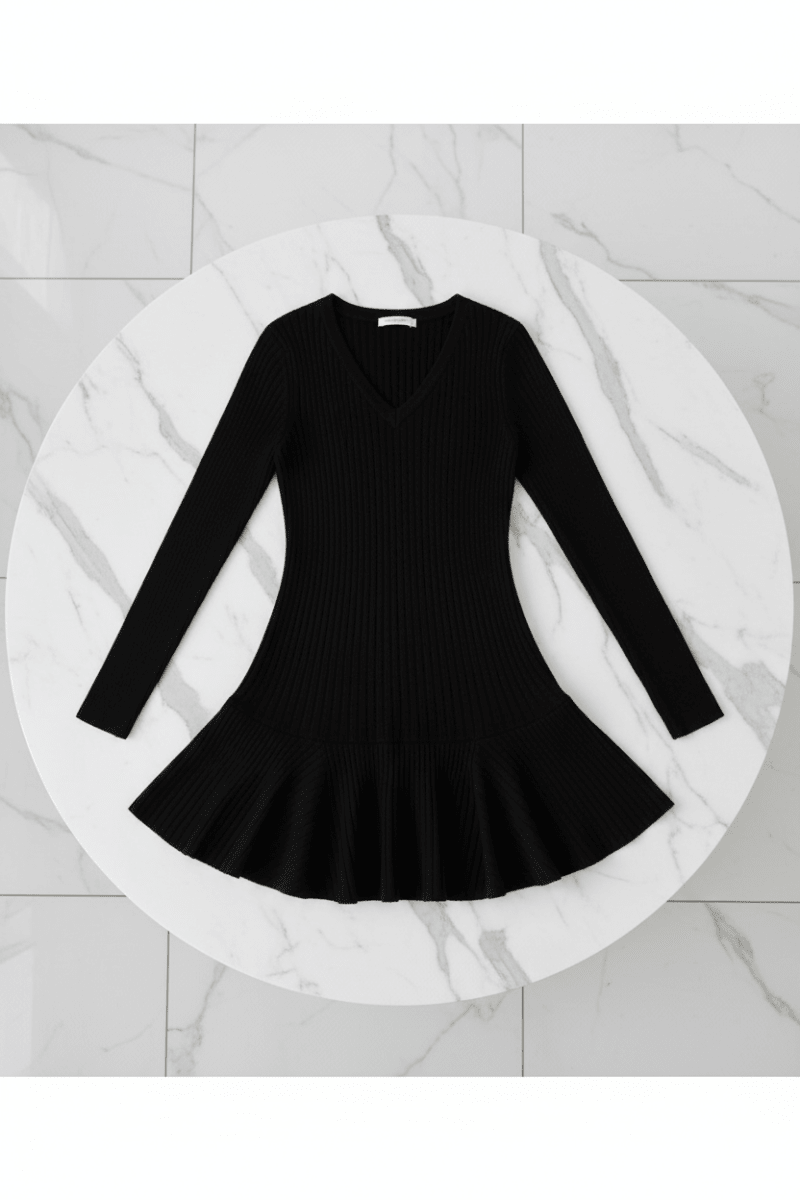 Black Flounced V-Neck Dress – Effortless Chic Style - @BlackWhite