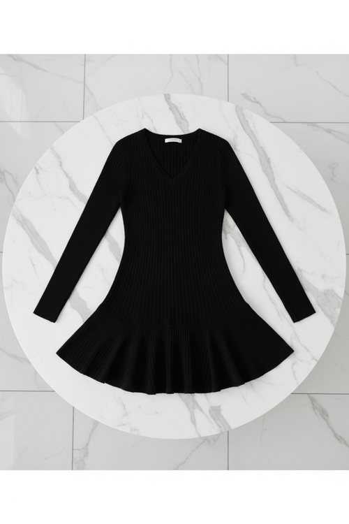 Black Flounced V-Neck Dress – Effortless Chic Style - @BlackWhite
