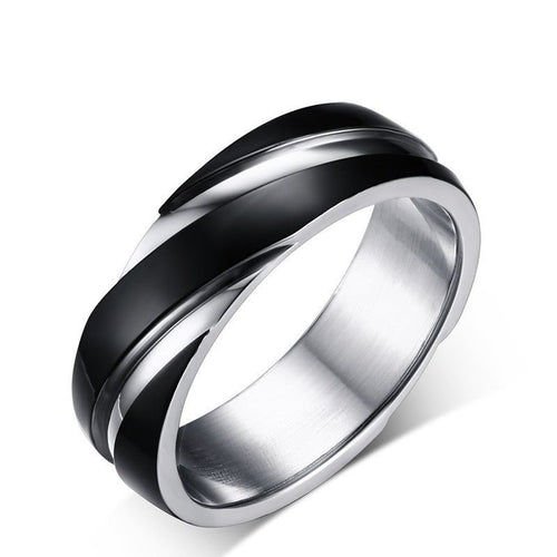 Detail close-up of the black titanium steel ring with a smooth finish on a white background.