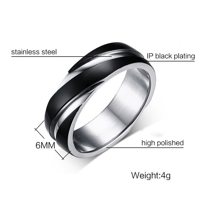 Detail close-up of the black titanium steel ring showcasing rounded edges on a black background.
