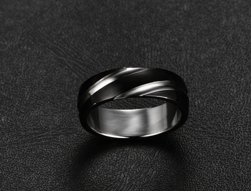Detail view of the black titanium steel ring with dimensions labeled on a white background.