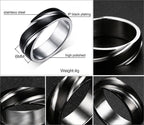 Detail view of the black titanium steel ring shown from multiple angles on a solid color background.