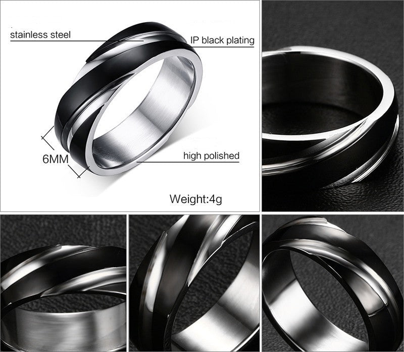 Detail view of the black titanium steel ring shown from multiple angles on a solid color background.