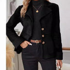 Close-up detail of the black fur lapel pocket jacket showcasing its elegant fur texture and button closure.