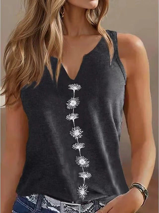 Lifestyle shot of a black sleeveless top with floral print and V-neck, stylish and chic @Black#White
