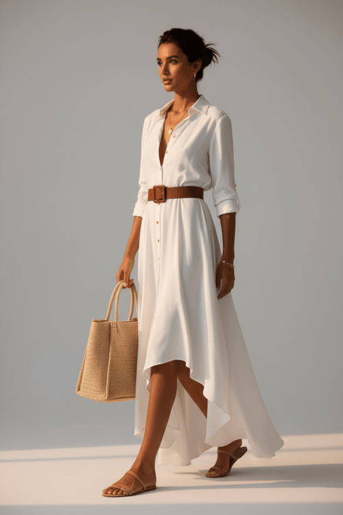 Chic Asymmetric Dress with Belt in Black and White Style - @BlackWhite