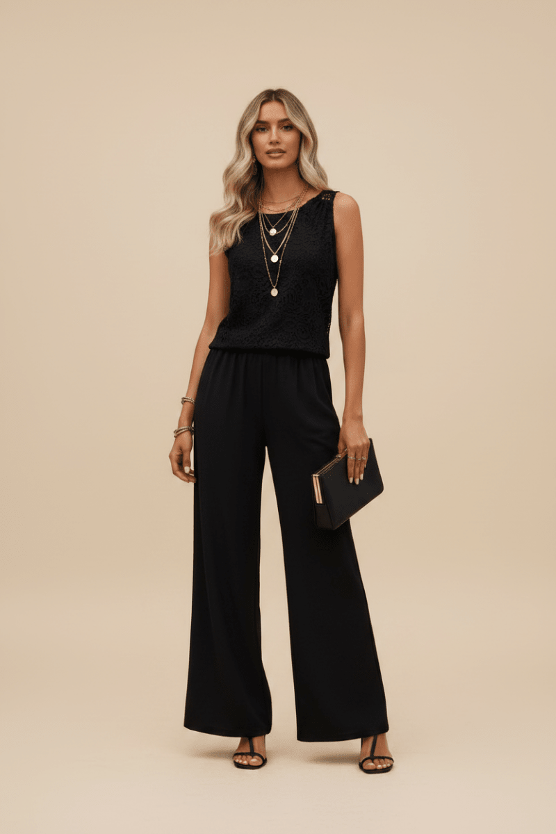 Chic Black and White Lace Top and Wide Leg Pants Set - @BlackWhite