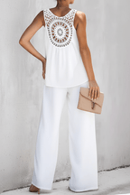 Chic Black and White Lace Top and Wide Leg Pants Set - @BlackWhite