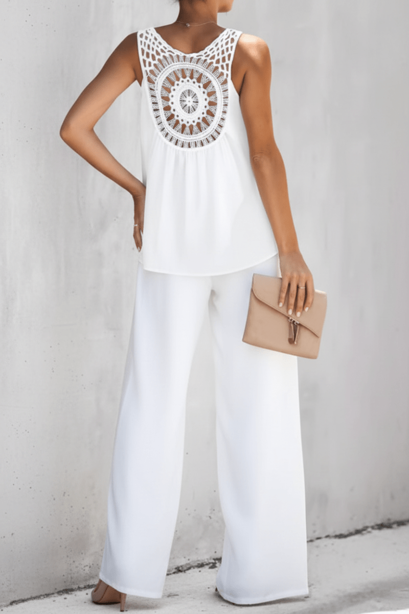 Chic Black and White Lace Top and Wide Leg Pants Set - @BlackWhite