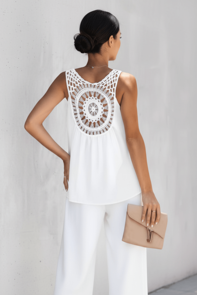 Chic Black and White Lace Top and Wide Leg Pants Set - @BlackWhite