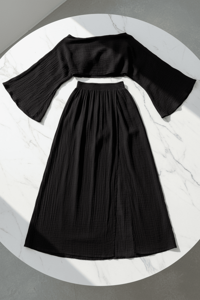 Chic Black Cotton Two-Piece Set – Timeless Elegance - @BlackWhite