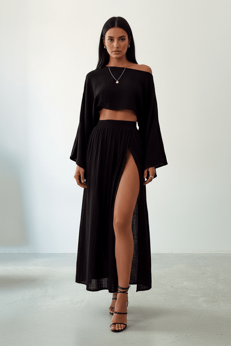 Chic Black Cotton Two-Piece Set – Timeless Elegance - @BlackWhite