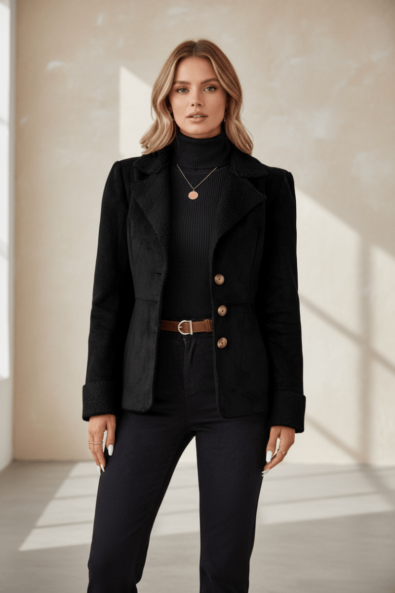 Chic Black Fur Lapel Jacket – Timeless Minimalist Elegance - @BlackWhite