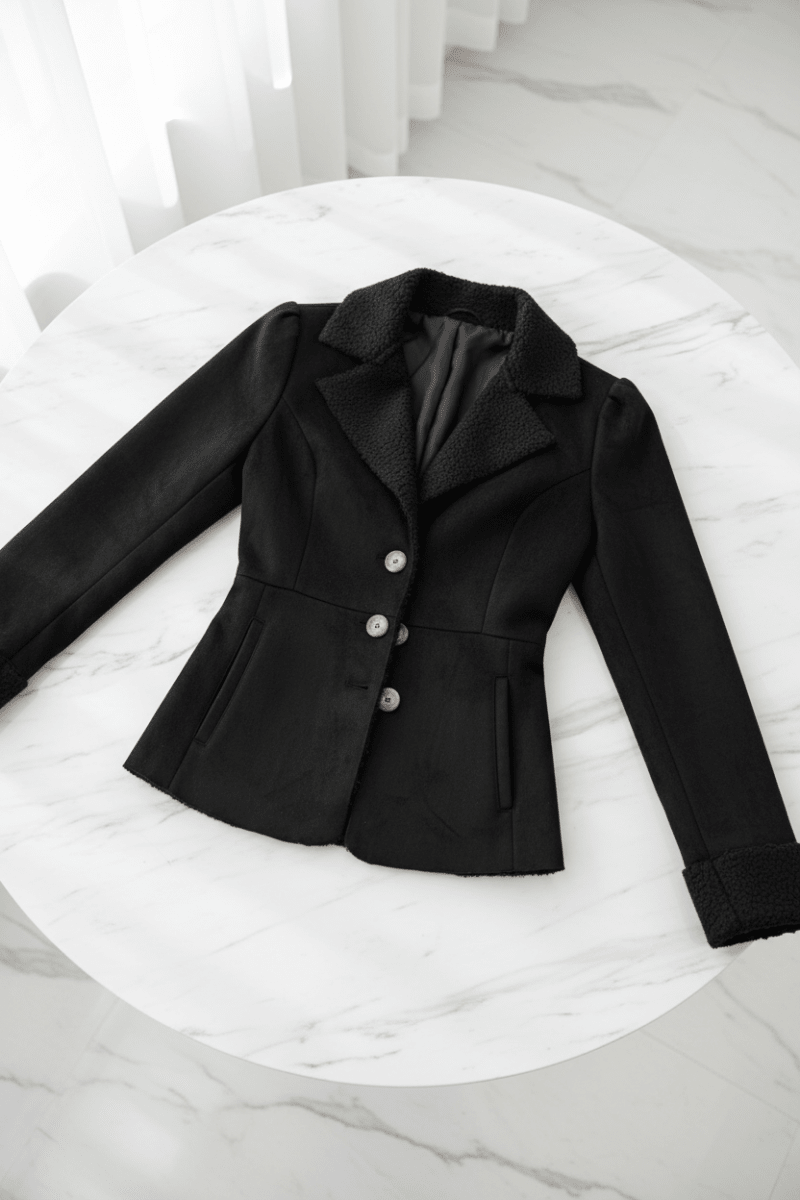 Chic Black Fur Lapel Jacket – Timeless Minimalist Elegance - @BlackWhite