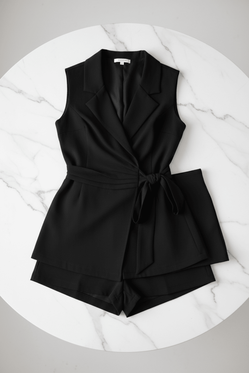 Chic Brown Polyester Set – Elegant Vest and Shorts Ensemble - @BlackWhite