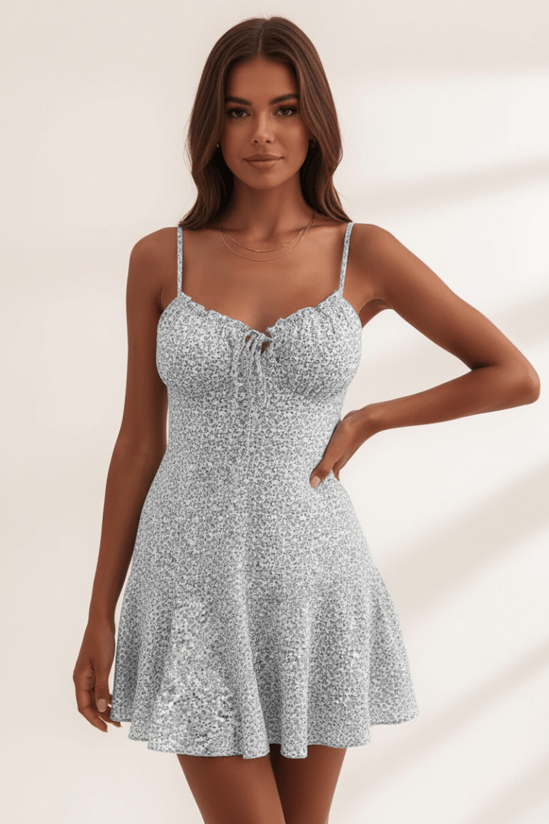 Chic Floral Mini Camisole Dress in Black and White Elegance - @BlackWhite