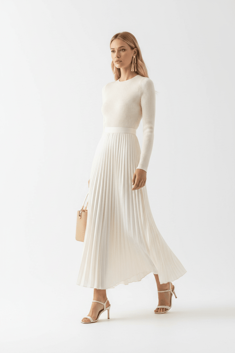 Chic Long-Sleeve Satin Maxi Dress in Black and White Elegance - @BlackWhite