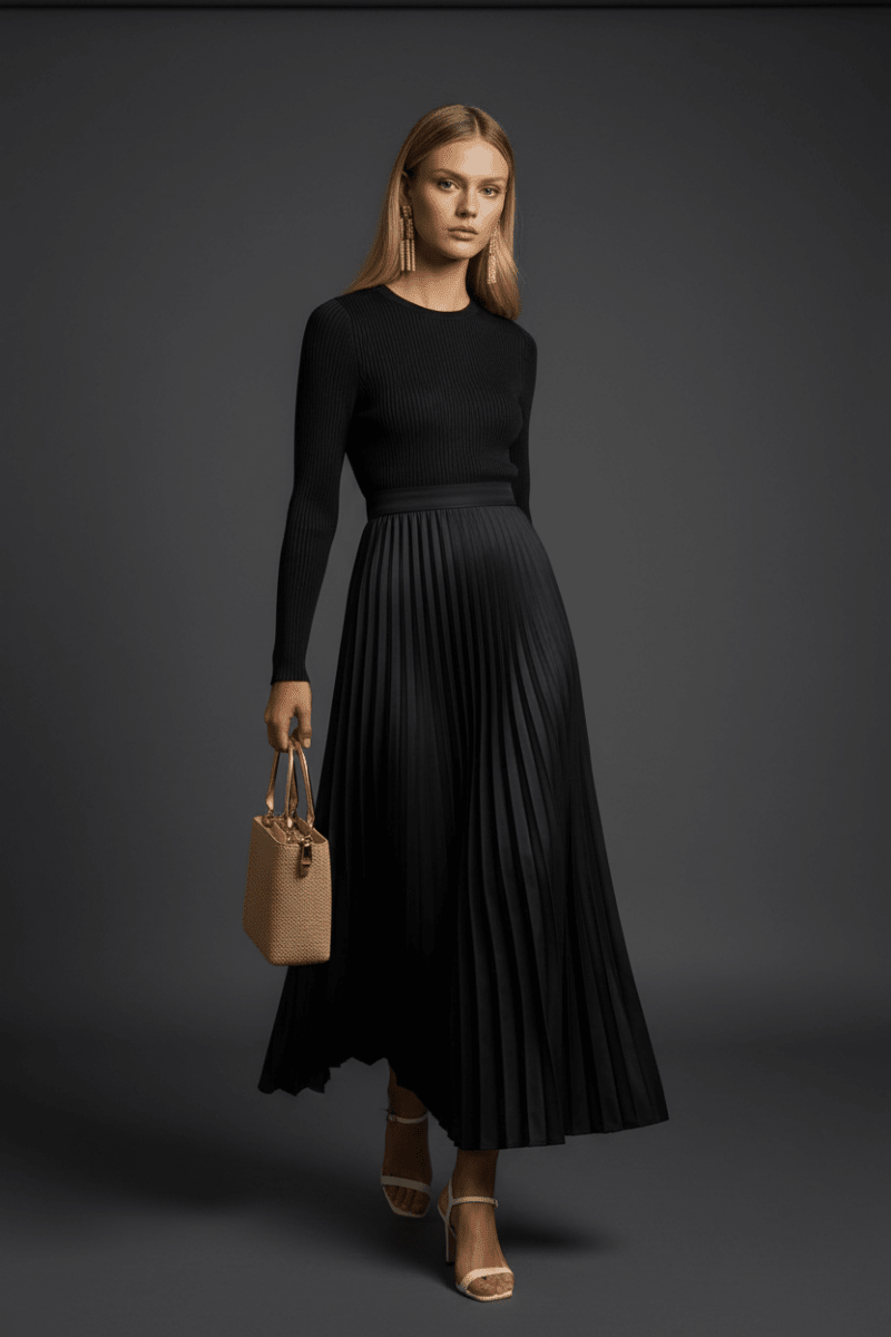 Chic Long-Sleeve Satin Maxi Dress in Black and White Elegance - @BlackWhite