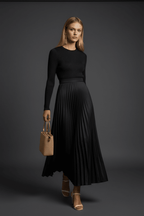 Chic Long-Sleeve Satin Maxi Dress in Black and White Elegance - @BlackWhite